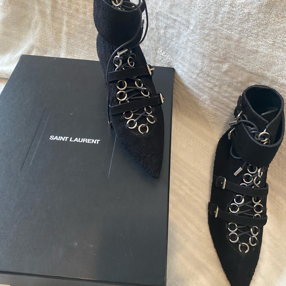 Saint Laurent Blaze Black Suede Pointed Lace-Up Ankle Boots with Rings